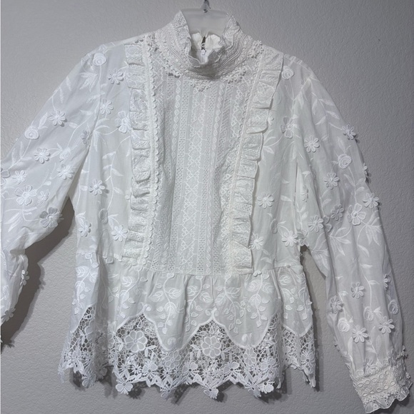 Anna Sui x Inc. White Cotton Embroidered w/ Lace & 3D Flowers. Modest, Feminine - Picture 1 of 16